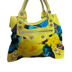 Balenciaga Bouton D'Or Chevre Leather/Floral Satin Giant 21 Silver Brief Bag